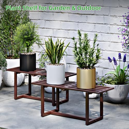 Rioneta Plant Stand Indoor Outdoor, Foldable Metal Plant Shelf for Multiple Pots, Mid Century Slatted Bench for Patio Garden, Heavy Duty Capacity 330 lbs 2 Pack Coffee - Image 2