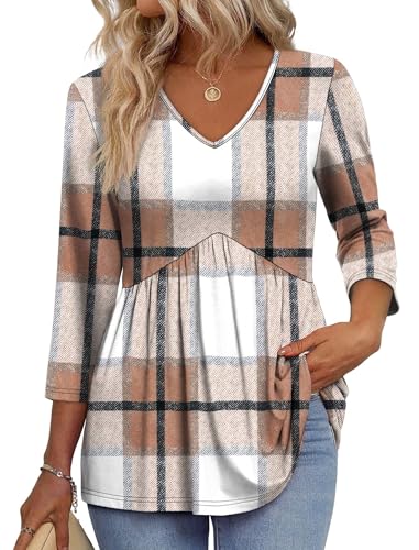 Image of OFEEFAN 3 /4 Length Sleeve Womens Tops 2026 Blouses for Women Dressy Casual Fashion Clothing V Neck Babydoll Tops Fall Outfits