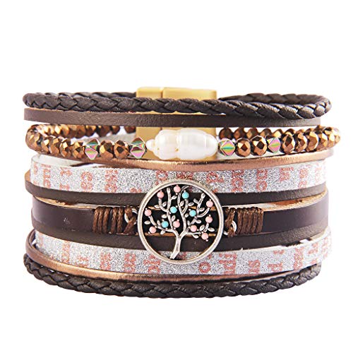 GelConnie Tree of Life Leather Cuff Bracelets Multilayer Wrap Bracelets Bohemian Jewelry LPB329-Brown
