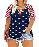 CARCOS Womens Plus Size Top Summer Short Sleeve Color Block Blue Star Red Criss Cross T-Shirt 4Th of July Independence Days Loose Fit Pullover Tunic 2XL 18W 20W