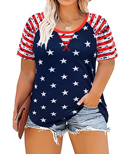 Image of CARCOS Plus Size Tops for Women Short Sleeve Raglan Striped Tee Color Block Crewneck /V Neck Tunic Loose Fit Summer XL-5XL