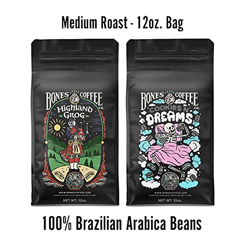 Bones Coffee Company Cookies 'N Dreams With Highland Grog Ground Coffee, 12 Oz, Flavored Coffee Bundle #TOP1