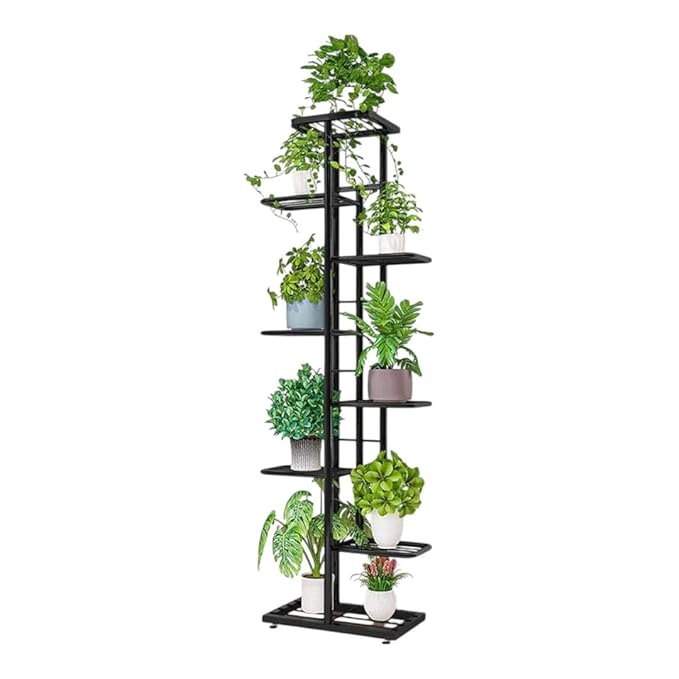 ARHAM ART 9 Tier Folding Metal Plant Stand Indoor 8 Tier 9 Potted with Gardening Tools and Gloves, Multiple Flower Pot Holder Display Rack for Patio, Garden, Balcony, Living Room (Black)