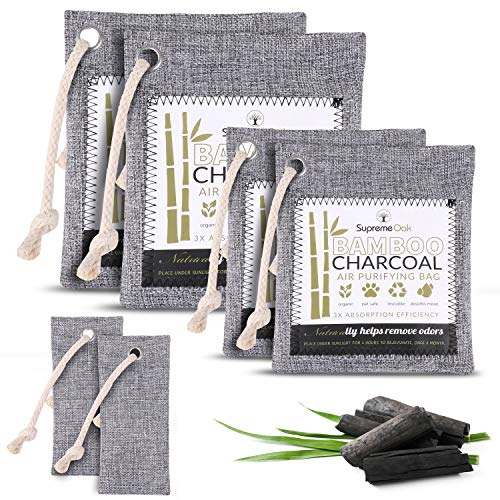 Supremeoak Activated Bamboo Charcoal Air Purifying Bag 6 Pack(2x200g, 2x100g, 2x75g) - Kids & Pet Friendly Odor Absorber Refrigerator Deodorizer Freshener For Home, Basement, Car, Shoes, Closet, shoes