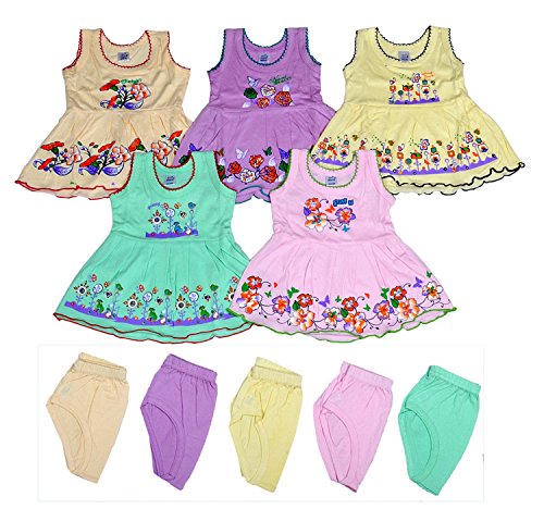 Image of Sathiyas Baby Girls A-Line Hosiery Cotton Dresses (Multicolor, Set of 5)