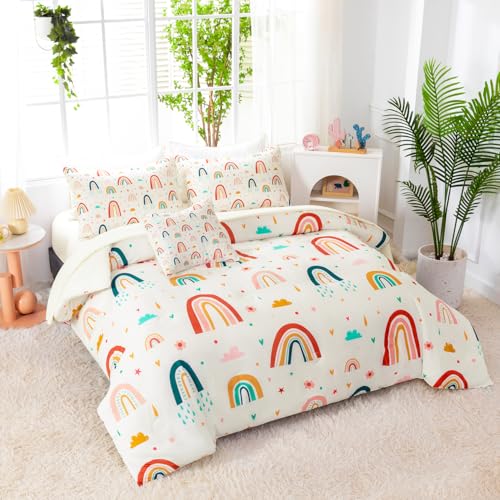 Image of Rainbow Comforter Set Queen Size 6 Pieces Beige Girls Bedding Set with Sheets Colorful Floral Clouds Print Bed in A Bag for Kids Teen Girl (Beige Rainbow, Queen)