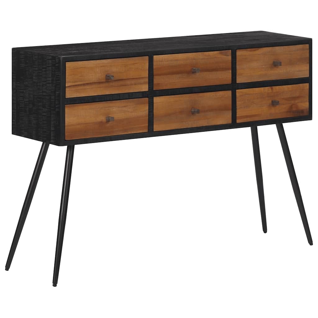 Tavolo consolle con cassetti in legno massiccio di teak riciclato e struttura in ferro nero, 116 x 30 x 76 cm, versatile tavolino da corridoio e soggiorno, con spazio per decorazione e