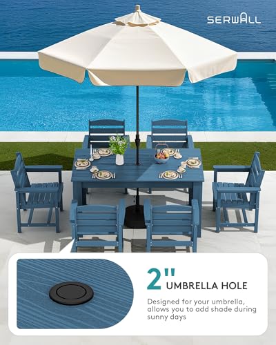 Image of SERWALL 59 inch HDPE Outdoor Dining Set for 6, w / 1 Table & 6 Armchairs, Blue