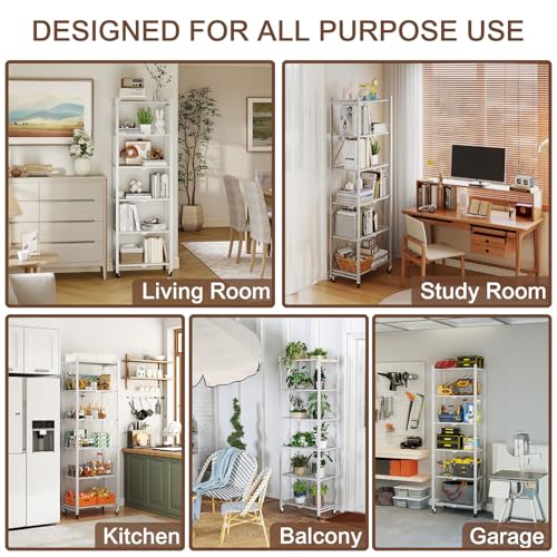 Image of black leopard 6-Tier Foldable Metal Storage Shelf with Wheels, White