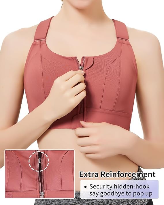 Image of PLUMBURY Women's Polyester Blend Padded Front Zip Plus Size Full Coverage High Support Velcro Adjustable Sports Bra For Workout Gym
