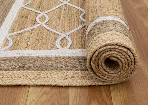 Square Area Rug 11' Hand Braided Jute Flatweave Beige White Design Handmade Boho Thick 0.27" Geometric Pattern Carpet Sisal Jute Rug Indoor Outdoor Use Rugs for Hall Room, Dining Room, Patio - Image 9