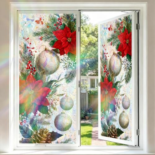 Image of Poinsettia Holographic Ornament Window Film 17.32x39.37in Cling