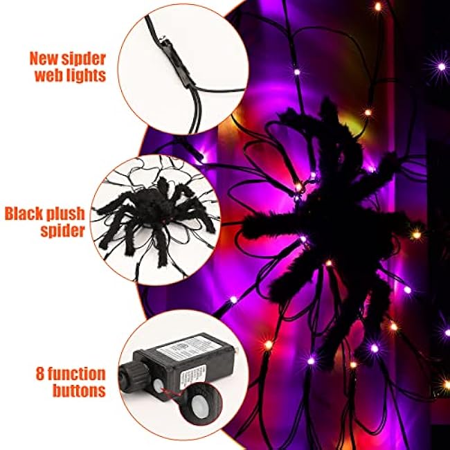 Lomotech Spider Web Lights with Black Spider, 4.26FT Diameter 84 LED Orange Purple Web Lights with 8 Modes, Waterproof with Timer Plugin for Halloween Decorations