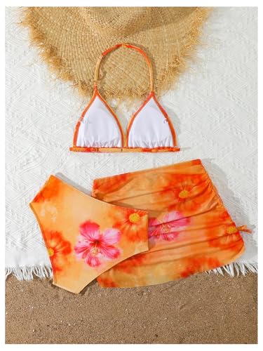 Girl's 3 Piece Swimsuits Floral High Waisted Halter Triangle Bikini Set with Cover Up Skirt2