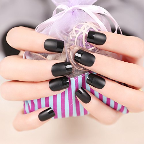 YUNAI 24 pcs/set Art False Nails French Manicure Matte Full Cover Medium Acrylic Nail Art Tips Pretty Nail Designs Fake Nails Black