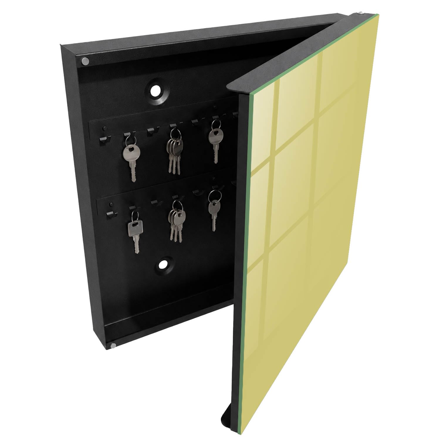 Armadietto Portachiavi 30x30 cm | Nero | A Destra | Montaggio a Parete | Senape leggera | Frontale Decorativo in Vetro Temperato | Tasselli e Viti Inclusi | in Metallo | per Uffici