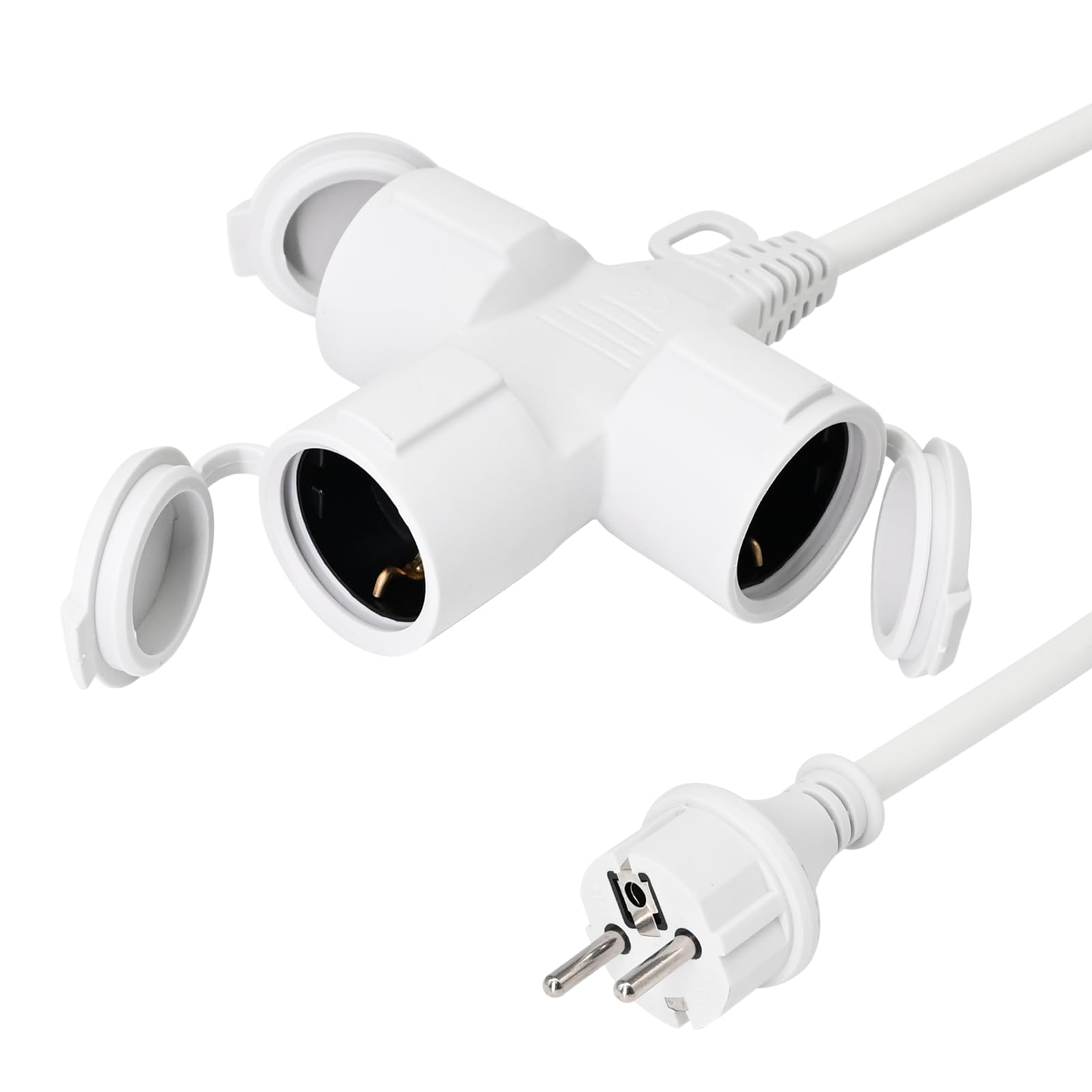 XUANSHI Cable alargador exterior de 7 m con 3 enchufes Schuko, 3 alargadores, IP44 para exteriores, cable de goma exterior de 1,5 mm², distribuidor de 3 compartimentos con tapa protectora, 3500 W