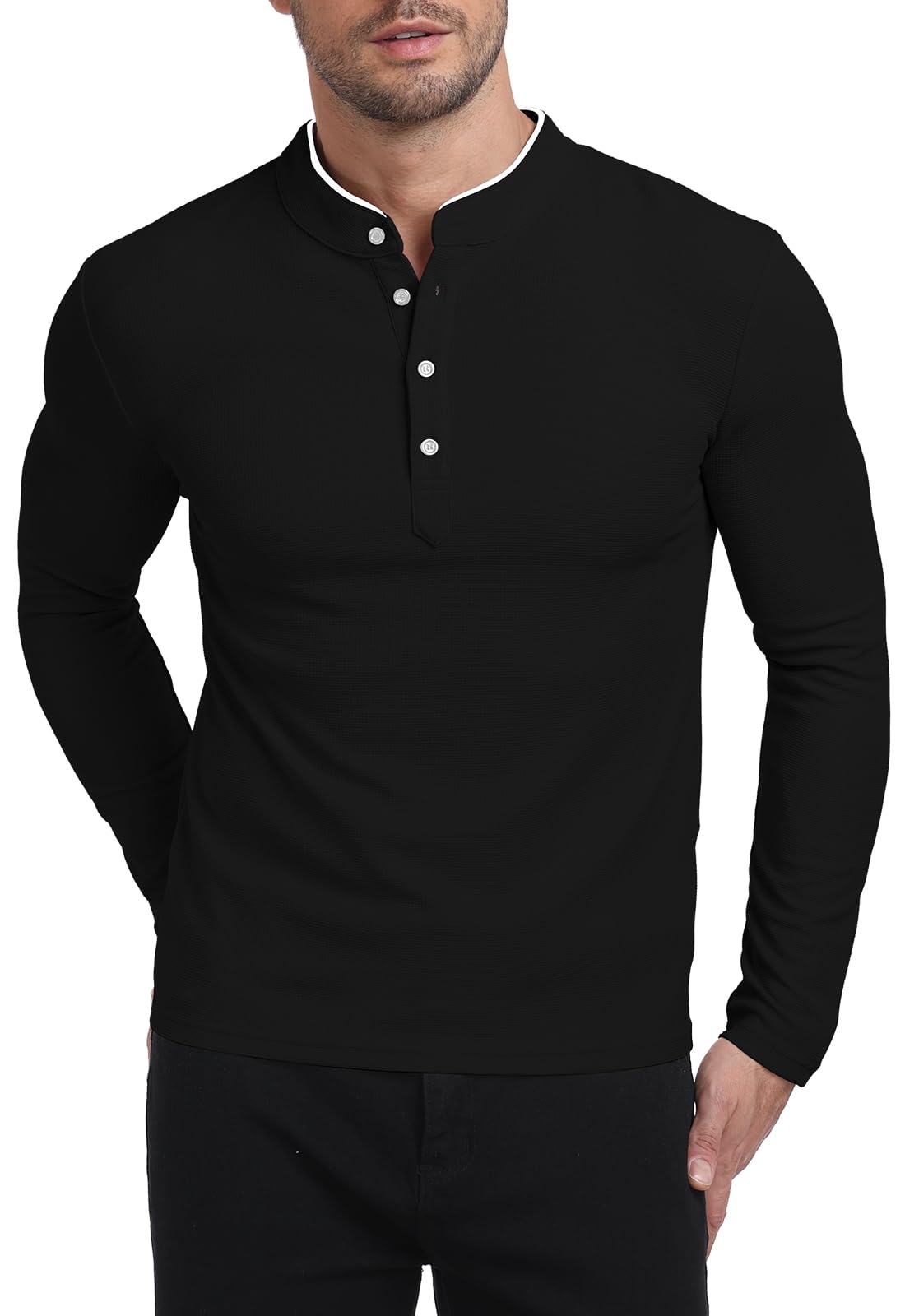 KUYIGO Men's Long Sleeve Slim Fit Mandarin Polo Shirts Waffle Button Fashion Casual Tops T-Shirt
