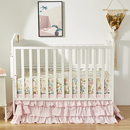 Image of Brandream Crib Bed Skirt for Baby Girls Boys Blush Pink Boho Bohemian Solid Cotton Toddler Bedskirt Farmhouse Chic Ruffle