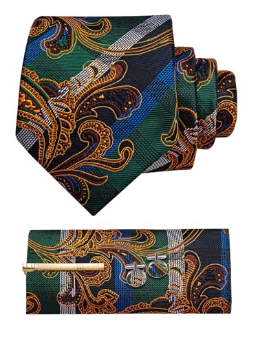 Image of YourTies Silk Paisley Floral Tie and Pocket Square Cufflinks with Lapel Pin Sets for Men 5PC Wedding Party