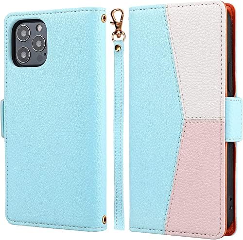 ZCDAYE Phone Case for iPhone 13 Wallet Case with Card Slots Wrist Strap, Folio Flip Leather Cover for iPhone 13 - Splicing Pink
