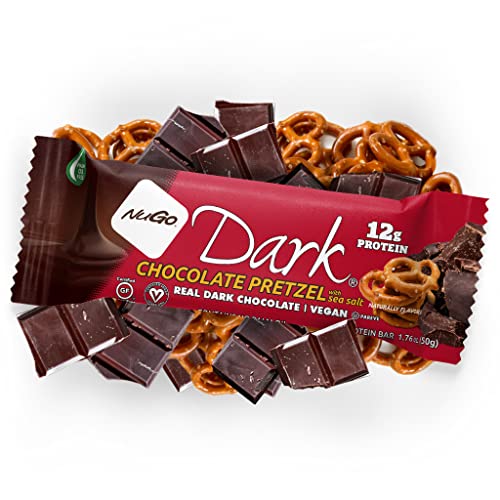 Image of NuGo Dark Chocolate Pretzel w /SS, 12g Vegan Protein, Gluten Free, Kosher Pareve, Non-GMO, 12 Count and NuGo Plant Protein Powder, Chocolate, 20g Protein, 3g Sugar, 25 Servings