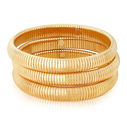 Chunky Gold Beaded Bangle Bracelet Set Stack for Women Men Stretchy Snake Link Chain Flexible Wide Wristband Bangles Bracelets