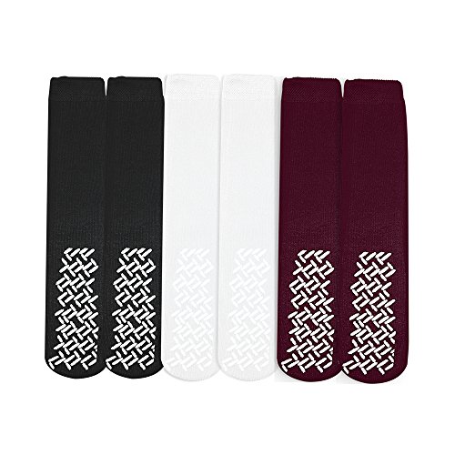 Nobles Assorted Non Skid Socks 6 Pairs Made in USA Size XL Adult (2 Black 2 White 2 Maroon)