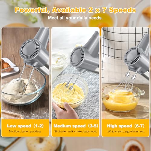 Image of Cordless Electric Hand Mixer, 7 Speed Rechargeable Wireless Handheld Mixer with Eject Button, Long Battery, Quiet Anti-Splash, 6x304 Stainless Steel Attachments & Storage Base for Baking (Silver)