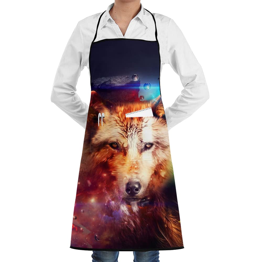 Wilk Fantasy Wolf Chef Birthday Apron for Women Men Mom Dad Wife Kitchen Aprons Cook Bib for Cooking Baking Grilling BBQ with Pockets