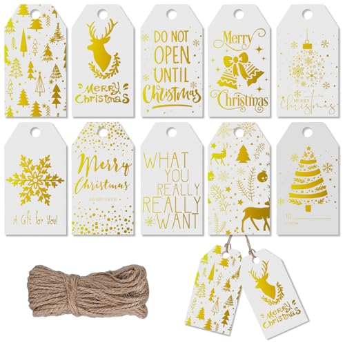 Whaline Lot de 120 étiquettes de cadeau de Noël en papier doré avec corde de chanvre de 200 m - 10 motifs métalliques pailletés - Étiquettes de vœux...