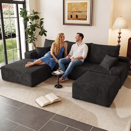 Image of 95 inch Boneless Cloud Couch Sectional Couches Sofa for Living Room | Modular U-Shaped Couch, Comfy Modern Corduroy Memory Foam Sofas with Ottoman, Oversized Chaise (Black, Left-Facing Chaise)