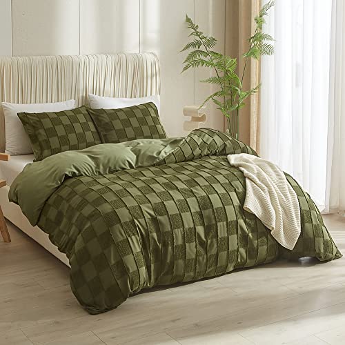 Dyygril Duvet Covers Queen Size,3Pcs Soft And Embroidery Shabby Chic Bedding Sets,100% Washed Microfiber Tufted Comforter Cover Set,Lightweight,Durable,Olive Green (No Comforter) #TOP1