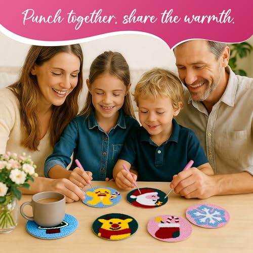 Image of Christmas Punch Needle Kit for Adults Beginners, Easy Punch Embroidery Coaster Starter Set with Instruction - Fun Mug Rug Making Kit for Table Decor & Festival DIY Gifts