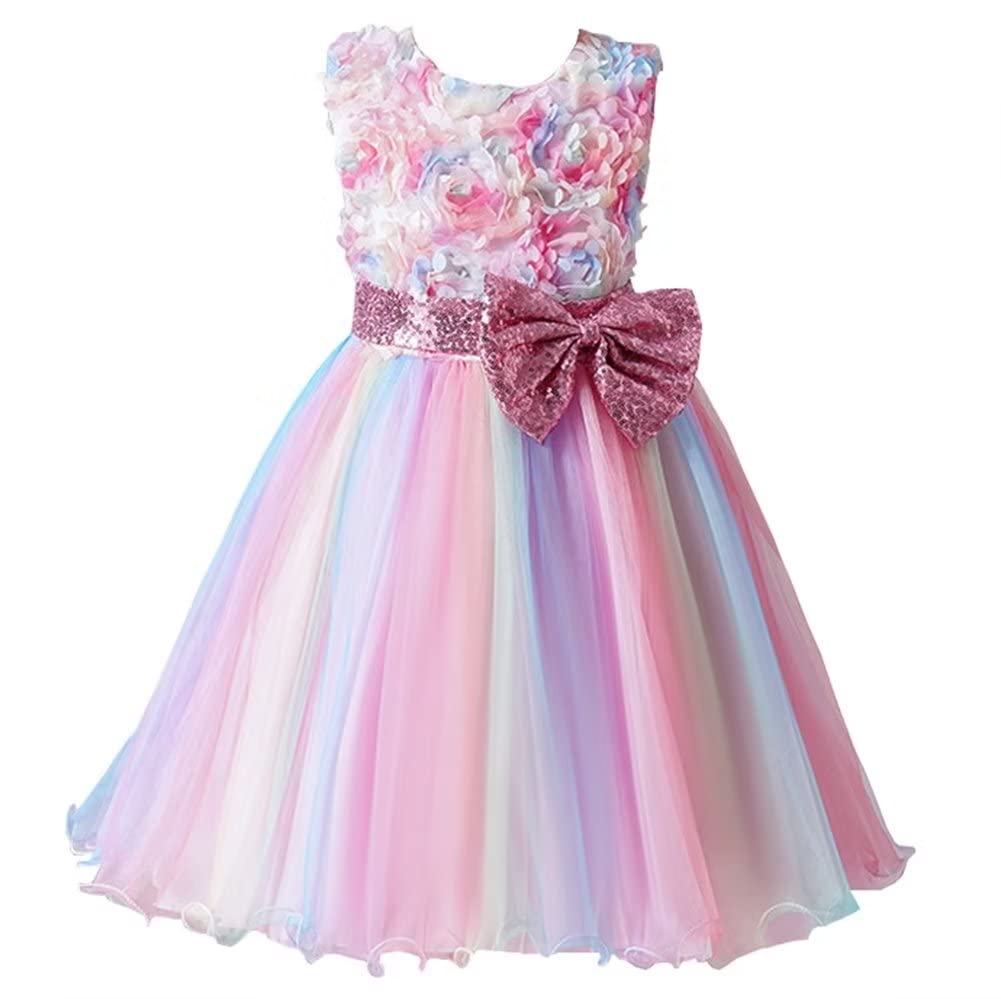[Ｋａｙｉｙａｓｕ] ドレス 子供 ピアノ 発表会 入園式 女の子 虹色 スパンコール蝶結び 花柄 丸ネック フォーマル 卒業式 ガールズ 誕生日 3-13歳