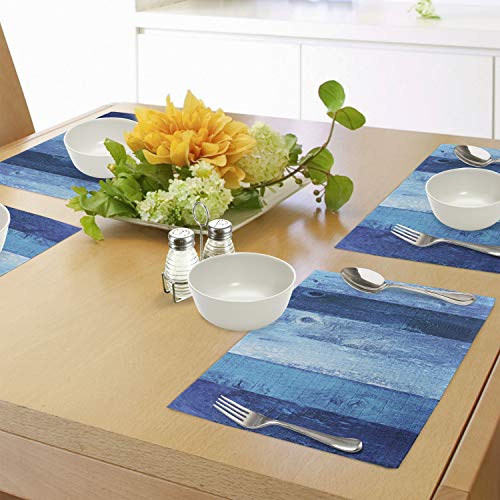 Lunarable Navy Blue Place Mats Set Of 4, Distressed Vintage Graphic Of Wood In Robins Egg Old Grunge Grain Texture Retro, Washable Fabric Placemats For Dining Table, Standard Size, Blue #TOP3