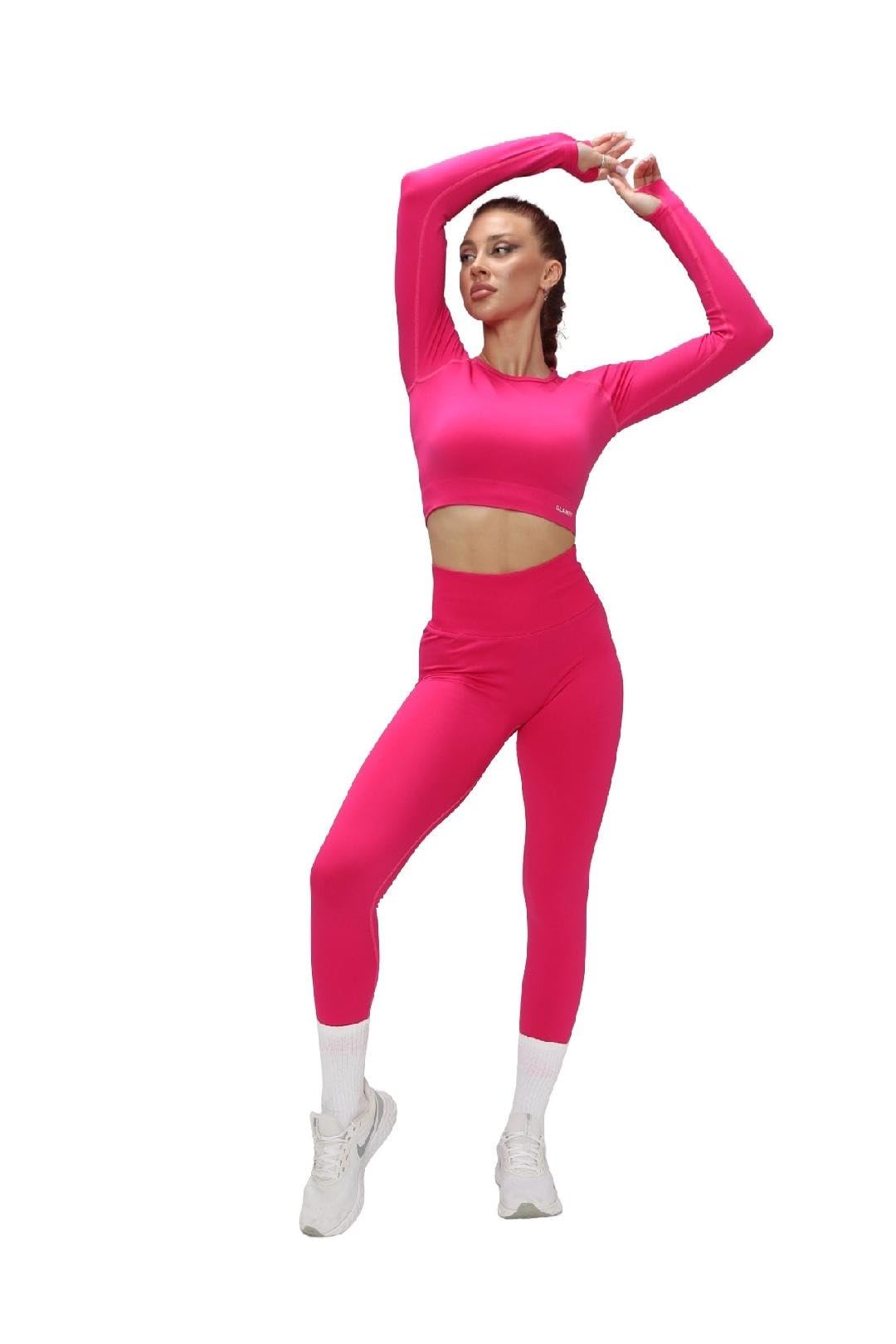 European Quick Dry Long Sleeves Crop Top With Padded sports Bra, High Waist Leggings Workout Sets Pink