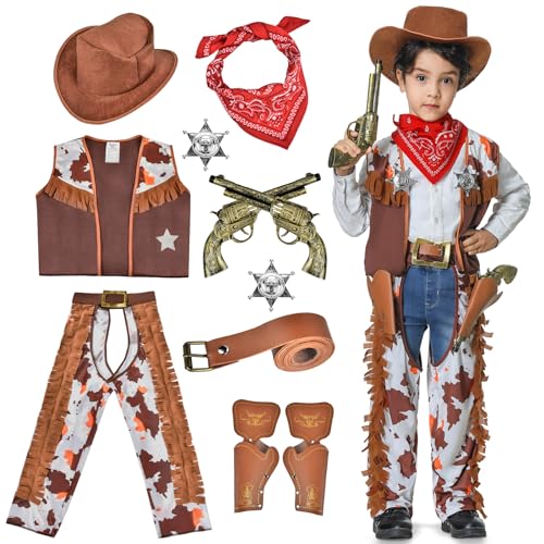 WELLCHY Disfraz Vaquero Niño, 11 Piezas Disfraz Cowboy Costume Niño con Sombrero Vaquero, Pañuelo Vaquero, Cinturón, Insignias para Carnaval, Fiesta Cosplay (M, Marrón)