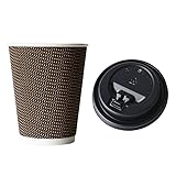 【プラカップ・紙コップ】テイクアウト 使い捨てカップ 断熱ゼブラ模様カップ１２オンス ブラウン(100個) +開閉蓋