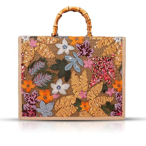 Bolso Tote para Mujer con Asa de Bambú y Bordado de Lentejuelas miniatura 1