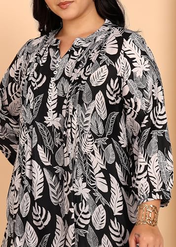 Image of Yash Gallery Women's Wrinkle Free Printed Short Kurti Mandarin Collar with Pintuck Pleats 3 /4th Sleeve