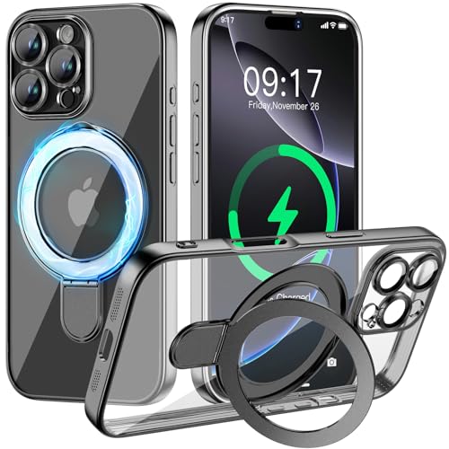 Image of Magnetic for iPhone 16 Pro Max Case with Invisible Stand[Compatible with MagSafe][Full Camera Lens Protector][Military Drop Protection] Shockproof Not Yellowing Clear Soft Slim for Women Men