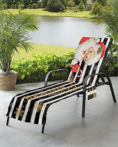 Santa Beach Chair Towel Covers for Chaise Lounge With Side Pocket, Soft Plush Pool Towels Cover for Patio Sunbathing Outdoor 29''x85'' Christmas Geometric Black Stripes Snowflake