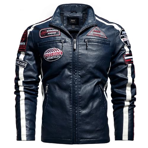 PIIBON | Chaqueta para Hombre de Piel sintética. Cazadora de Cuero sintético estilo Motero. Moda Casual de Cuero Vegano. Biker - Motociclista. (FR/ES, Letras, L, Regular, Regular, Azul - Navy)