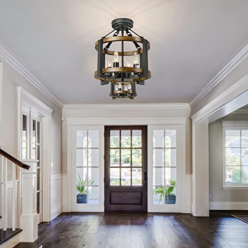 Isramp 4-Light Rustic Flush Mount Ceiling Light Fixtures, Retro Wood Farmhouse Chandelier Chain Hanging Convertible Foyer Lighting Fixtures Black Metal Round Pendant Lights For Kitchen Entryway #TOP3