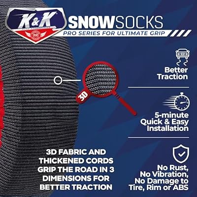 K&K Auto Snow Socks for Tires Pro Series for Ultimate Grip Approved Snow Chain Alternative Traction Device Tire Sock for Car SUV Sedan Coupe Winter Travel Accessory Emergency Kit Large (2pcs)