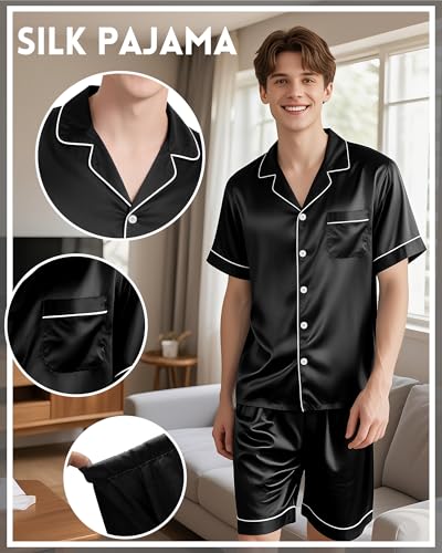 Skicuff Couples Silk Pajama Sets Short Sleeve Top and Shorts Pjs 2 Pieces Button Down Sleepwear Set M-XL(Man XL,Black) — view 2