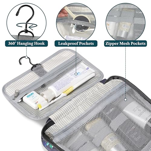 PAVILIA Hanging Toiletry Bag Travel Bag Women Men, Foldable Cosmetic Organizer, Roll up Makeup Bag, Water Resistant Accessories Toiletries, Large Travel Essentials Kit (Grey Floral)3