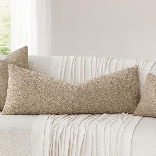 Image of Foindtower Decorative Textured Boucle Throw Pillow Cover Accent Solid Pillow Case Neutral Long Body Lumbar Couch Cushion Case for Chair Sofa Bed Living Room Home Decor 14x36 Inch,1PC,Taupe Khaki Camel
