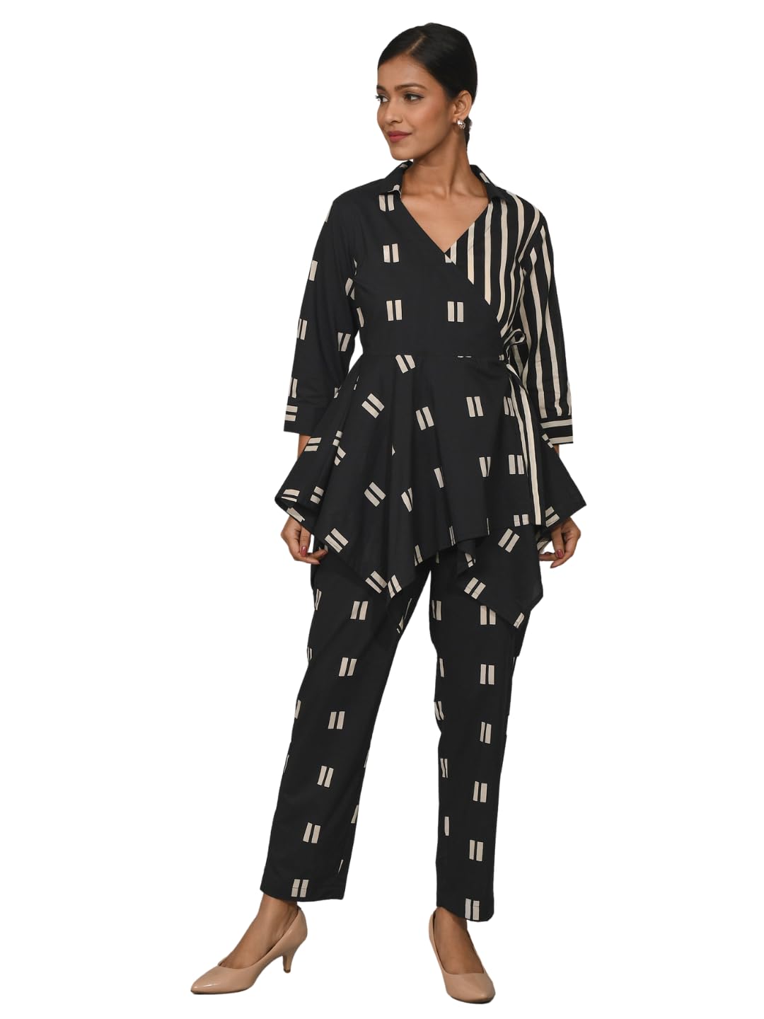 Women's 100% Pure Cotton Black & White Print on Print Wrap Top Co-ord Set | Point Collar V-Neck 3/4 Sleeve Asymmetric Top with Trousers | Comfortable Co-ord for Office, Daily, Casual & Vacation Wear-image-1